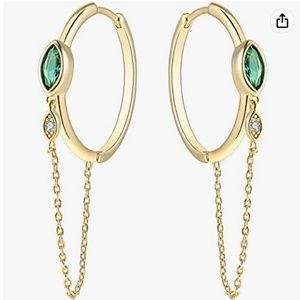 DAINTY GREEN STONE TASSEL DROP CHAIN HOOP EARRINGS